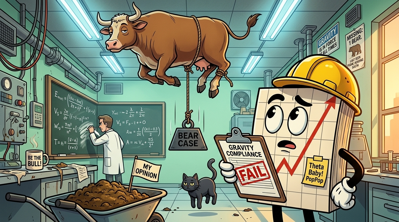 Mr SPX in a hard hat with a clipboard, looking up at a bull floating calmly under a laboratory ceiling.