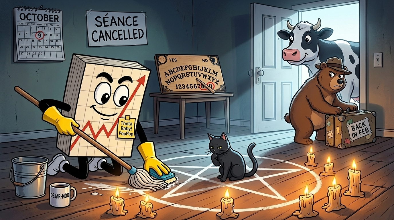 Mr SPX in yellow rubber gloves mops a chalk star off the floor while a bear packs its suitcase and a cow pushes through the door, a talking board pointing to M, O, O.