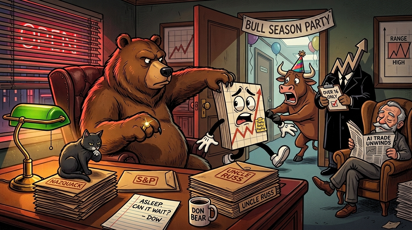 Mr SPX being dragged back into a wood-panelled back office by a bear boss holding out a ringed paw, while a bull in a party hat tries to pull him out to the bull season party, brown envelopes piled on the desk.