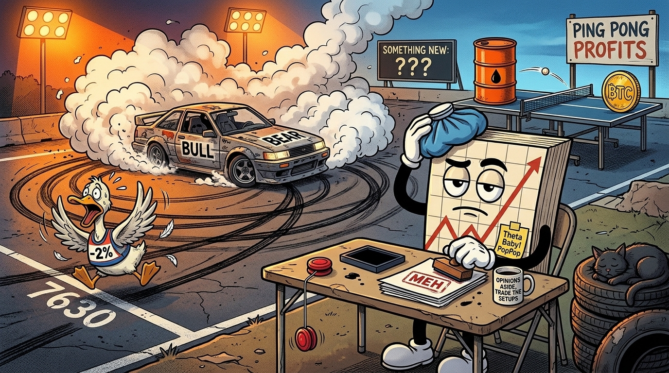 Mr SPX sits unmoved at a desk with an ice pack, stamping “MEH” on papers, while a bull and bear car spins doughnuts in tyre smoke and a panicked duck flaps beside it.
