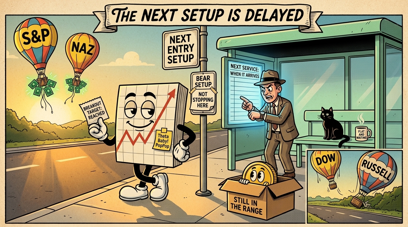 Mr SPX waits calmly at a bus stop marked Next Entry Setup, holding a ticket stamped Breakout Target: Reached, while 2 balloons climb and 2 sink behind him.