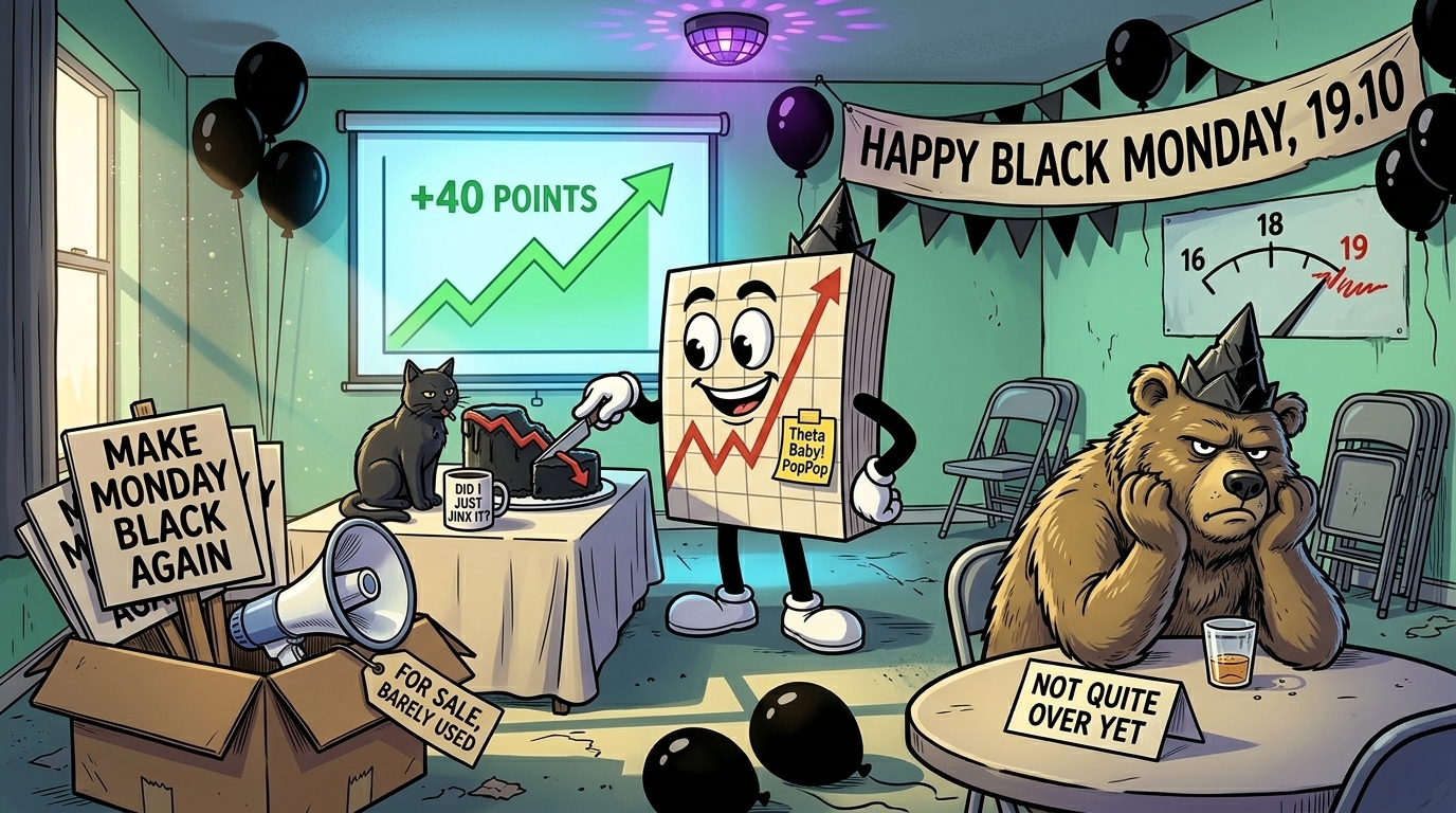 Mr SPX cheerfully cuts a black crash-shaped cake at an empty Black Monday party while a sulking bear refuses to leave and the projector shows the market up 40 points.