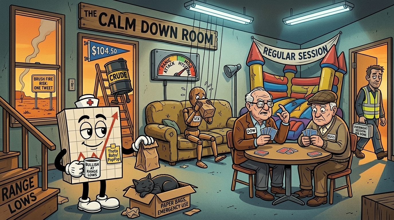 offers a paper bag to a panicking VIX puppet while Dow and Russ play cards and crude climbs towards $104.50.
