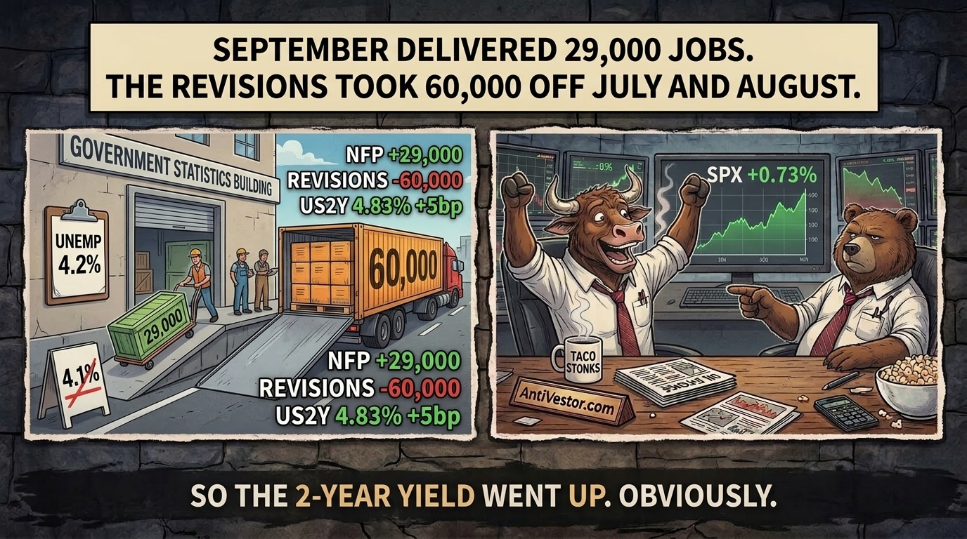 Left panel shows a small crate of jobs arriving at a loading dock while a lorry of much larger revision pallets departs; right panel shows Bull celebrating a green ticker while Bear points at the lorry.