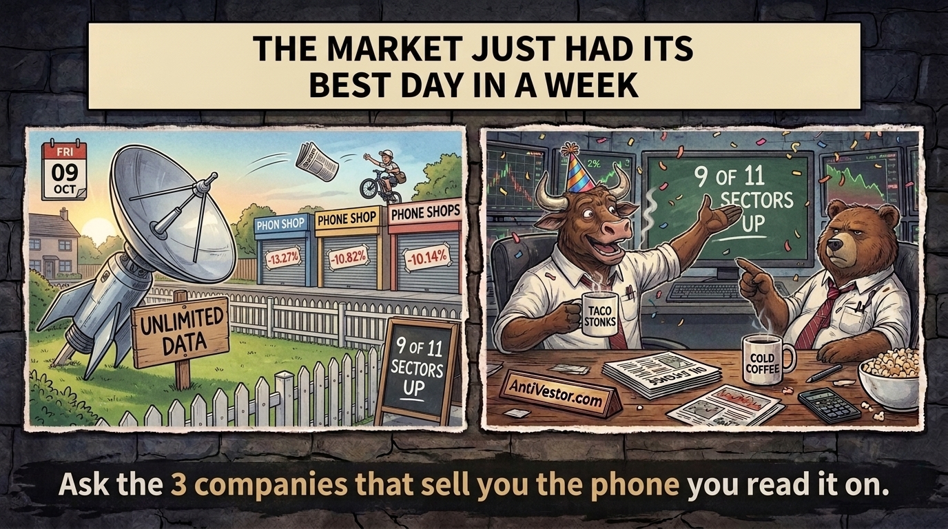 A satellite dish planted in a lawn beside three shuttered phone shops, with Bull celebrating and Bear pointing at the shops.