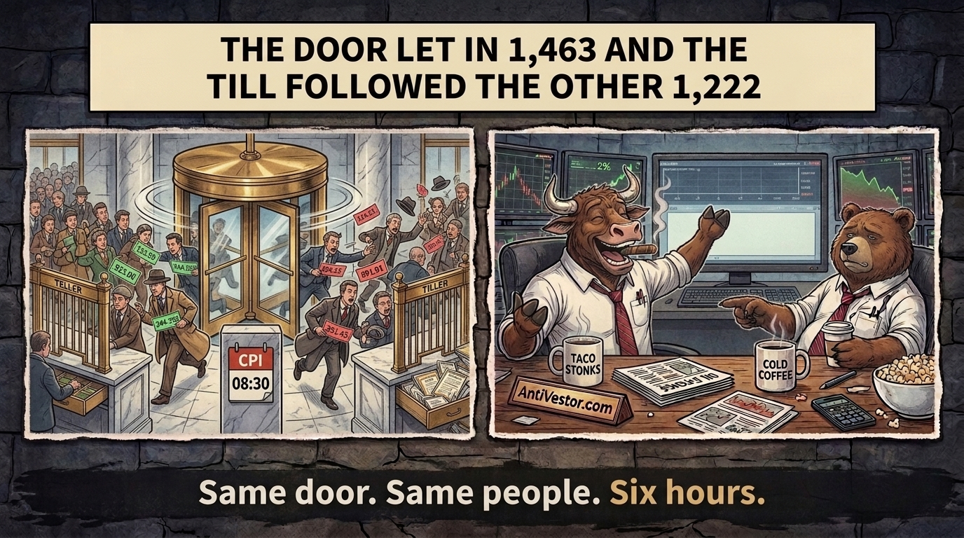A spinning bank lobby revolving door throwing out the same people it just let in, with two mascots at a desk disagreeing about it.