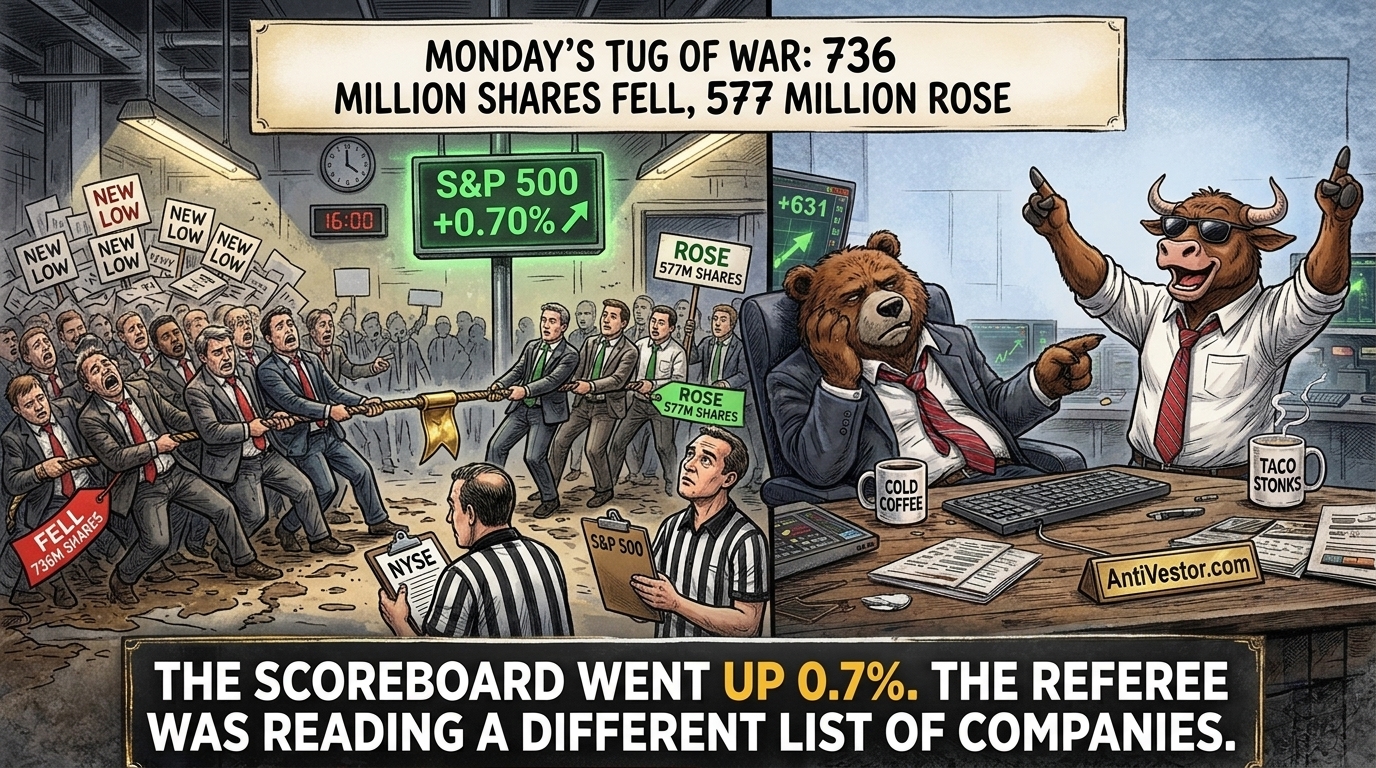 A tug of war where the larger red crowd wins the rope while a green scoreboard above it reads up, with Bull cheering the board and Bear pointing at the rope.