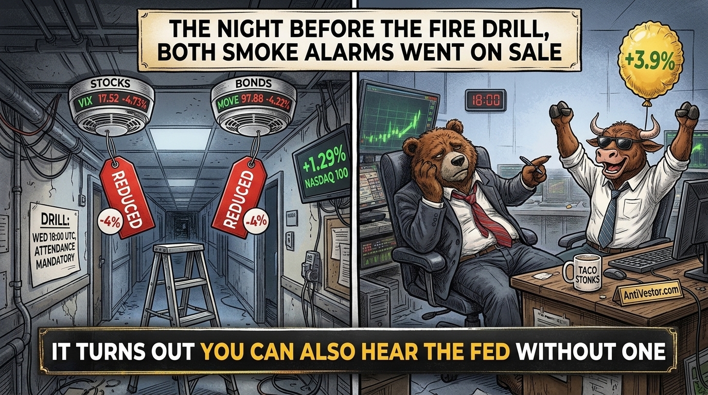 A corridor where two smoke alarms labelled stocks and bonds wear sale tags before a fire drill, beside a cheering bull and a bear pointing at the tags.