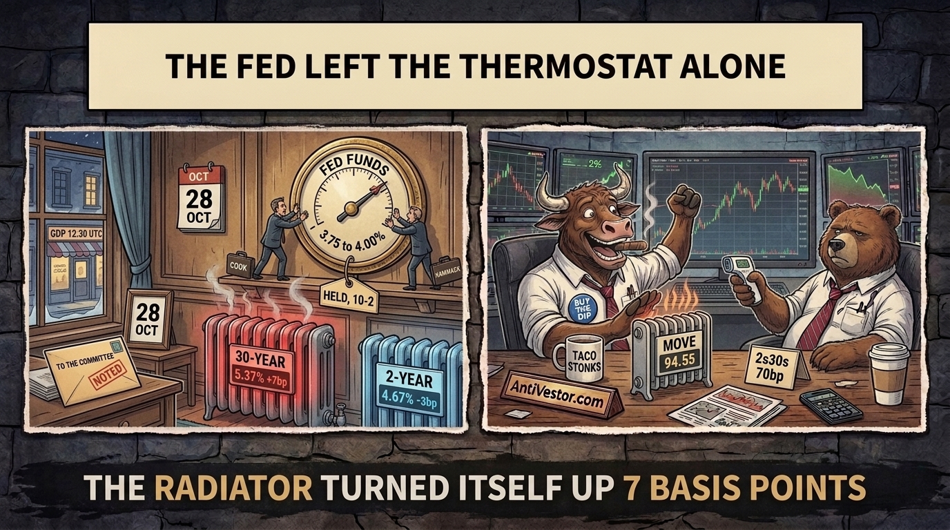 A sitting room where the Fed's thermostat sits untouched while a radiator labelled 30-year glows red, beside a bull warming his hands and a bear with a thermometer.