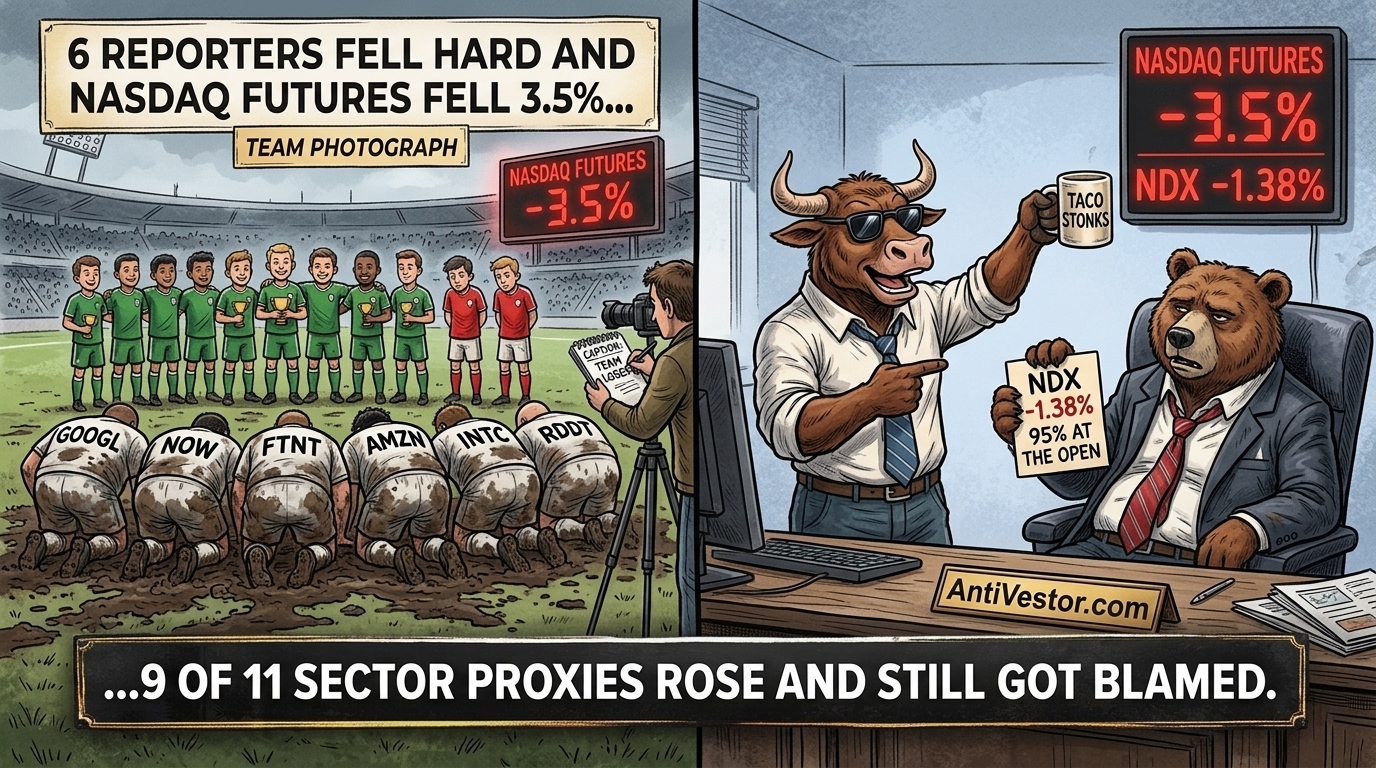 Six giant players face-plant in front of a team photo while nine small green players smile, and Bull toasts the nine as Bear points at a scoreboard reading Nasdaq futures down 3.5%.