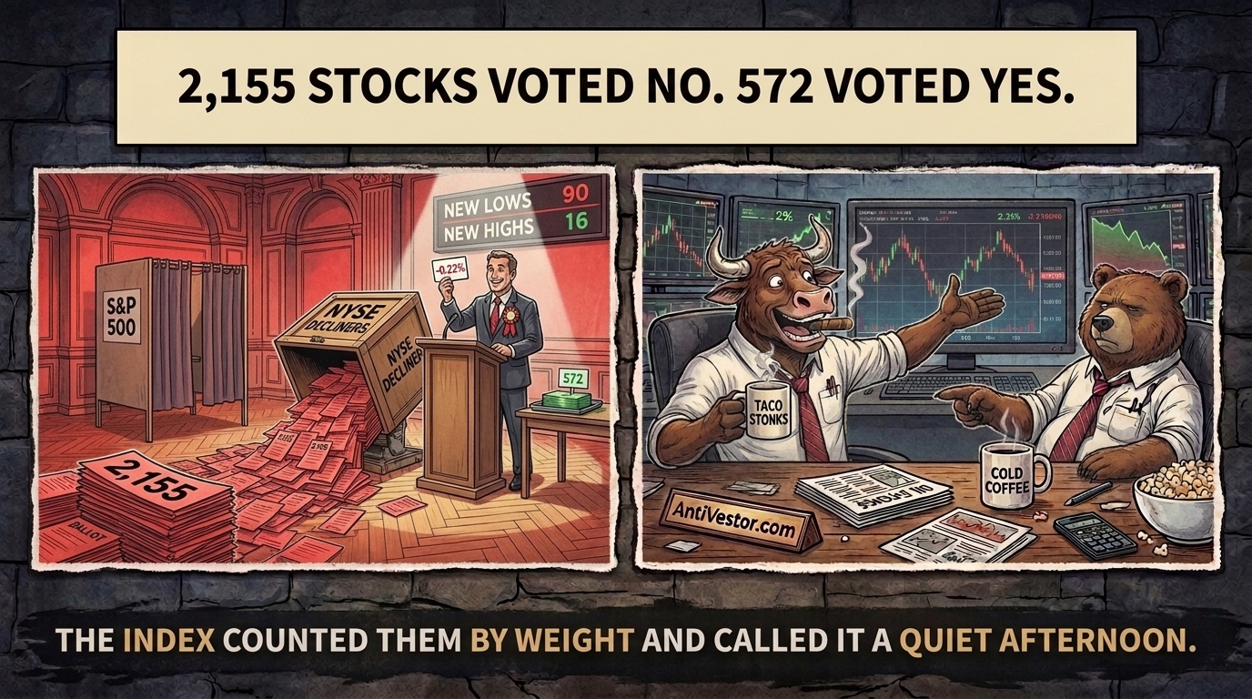 A polling hall where a returning officer holds up a tiny result card as a landslide of red ballot slips pours past, with two mascots arguing at a desk beside it.