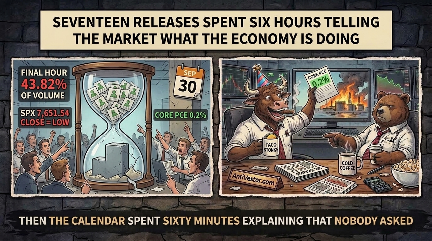 Two-panel comic, a trading-floor hourglass jammed with data sheets above a cracked slab of closing volume, with Bull celebrating and Bear pointing at the crack.