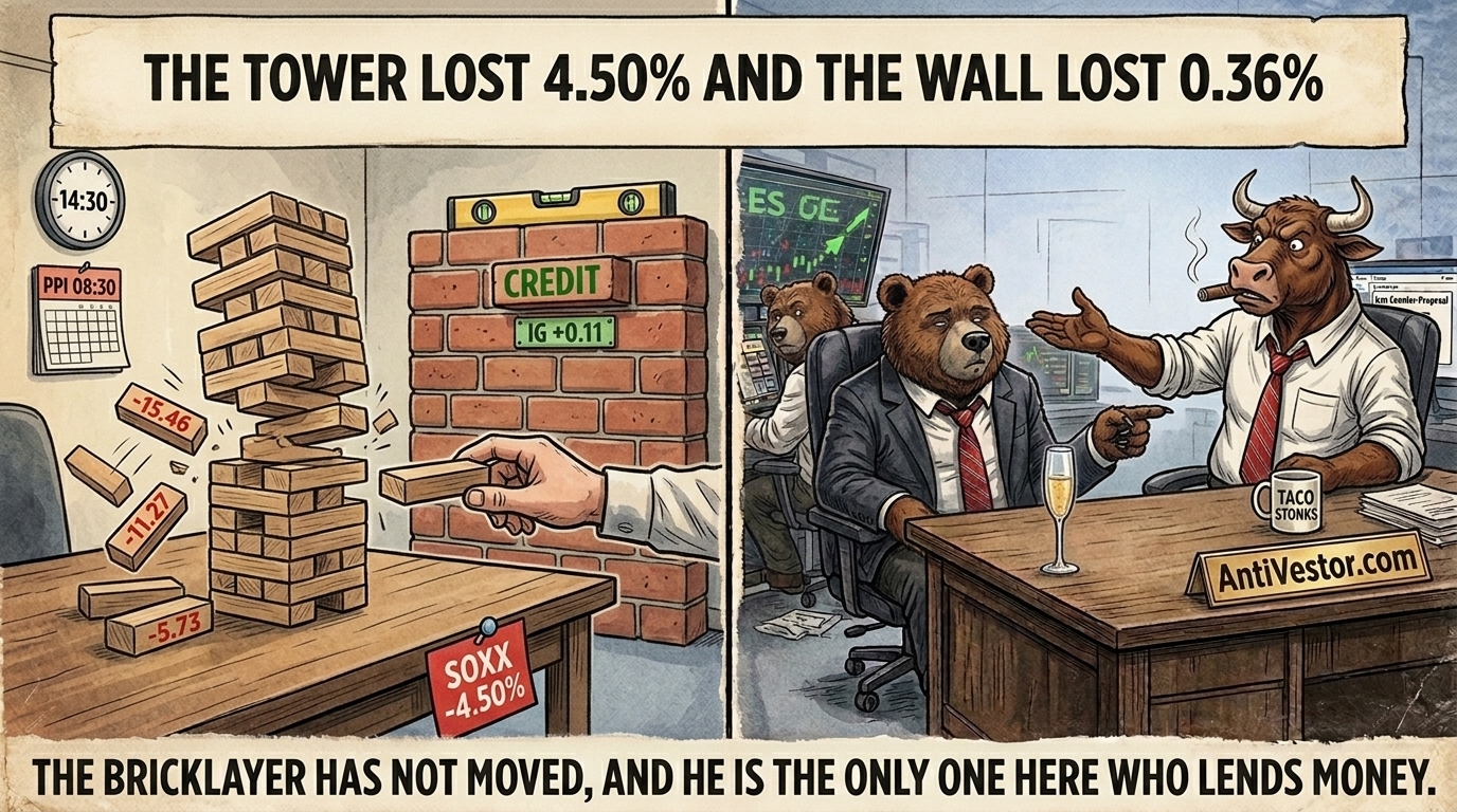 A wooden block tower collapses on a table while a brick wall marked credit stands behind it, one brick slightly out of line and its spirit level a hair off centre.