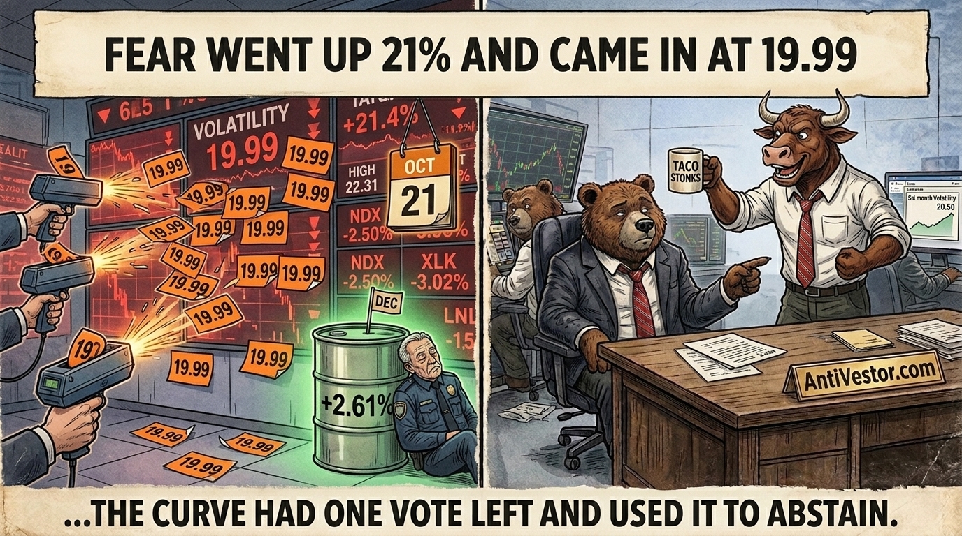 A pricing gun fires 19.99 stickers at falling tech screens whilst a calm oil barrel is ignored.