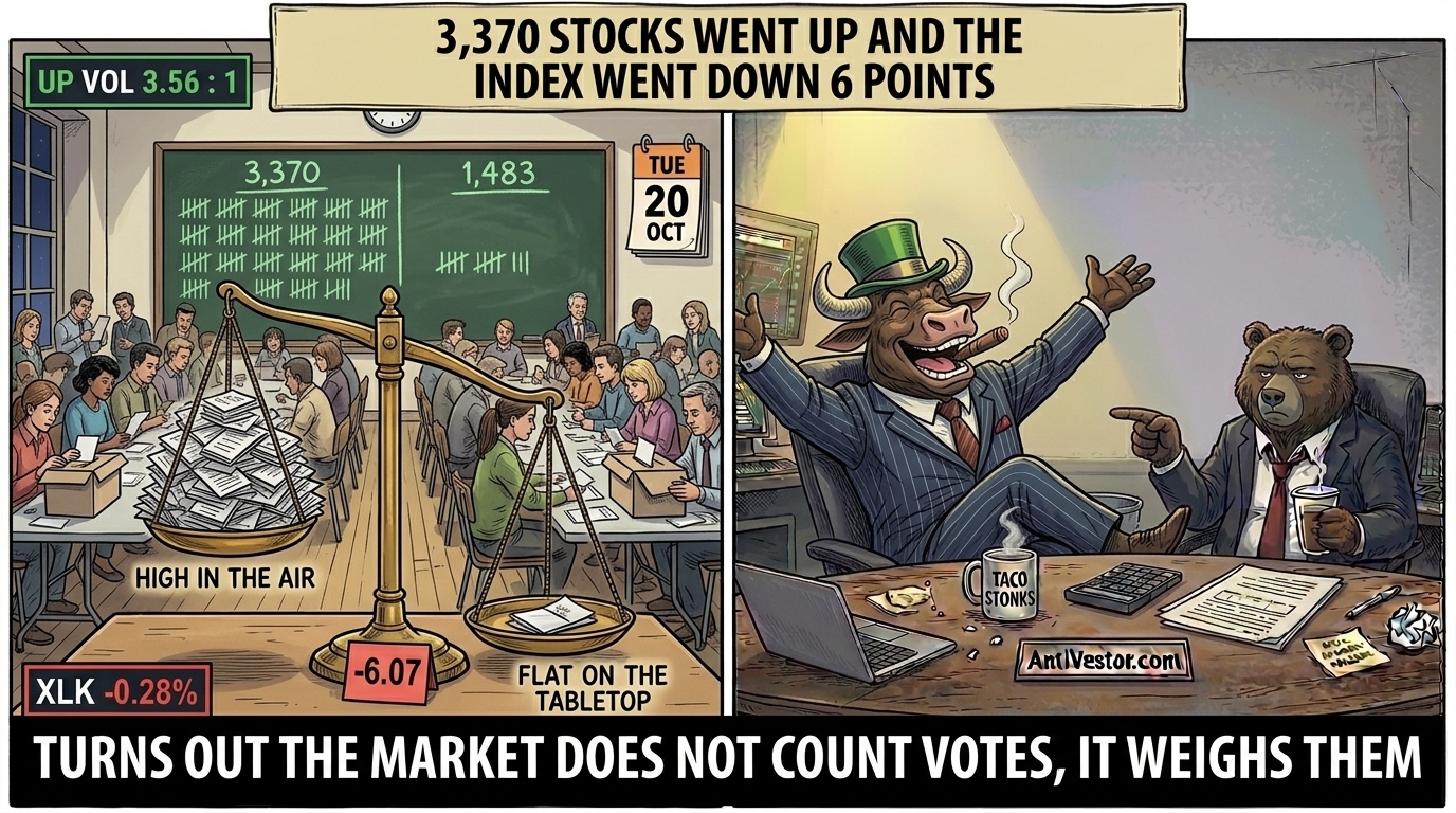 An election count where one oversized official outweighs 3,370 ballots whilst a bull celebrates and a bear points at the result.