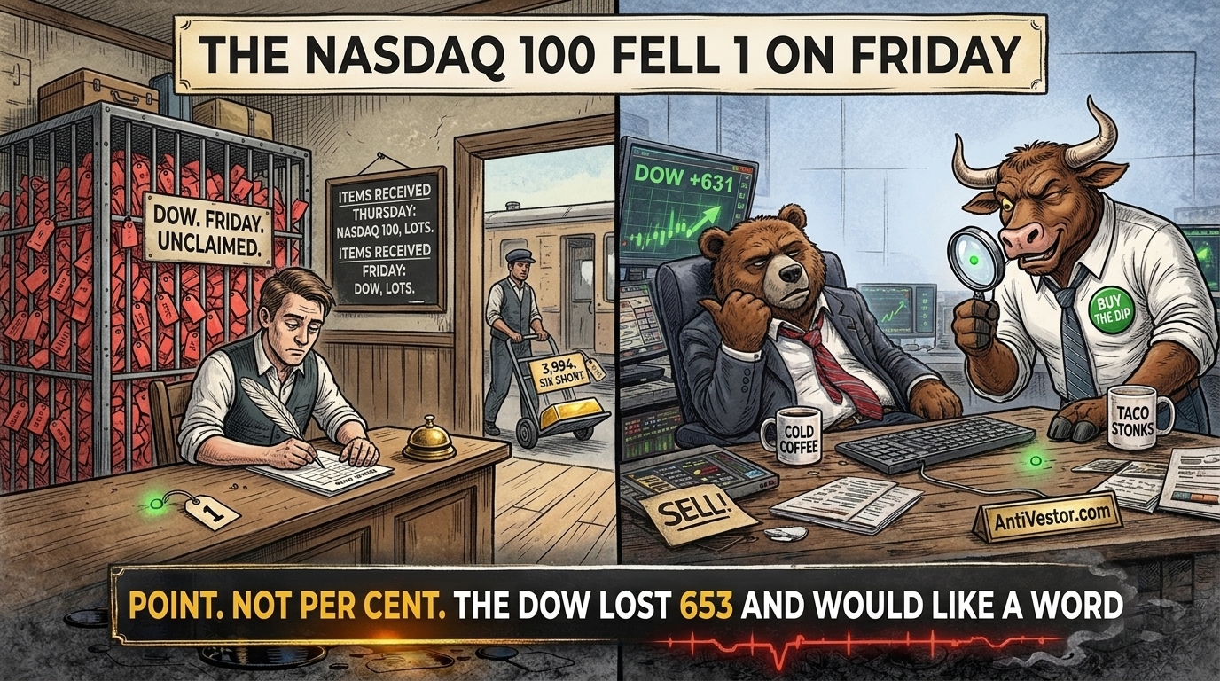 A lost property clerk files a form for one tiny glowing point while a cage behind him overflows with red Dow tags, as a bull squints through a magnifying glass and a bear points at the cage.